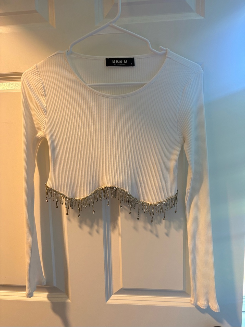 Blue B White Ribbed Long-Sleeve Crop Top with Gold Fringe